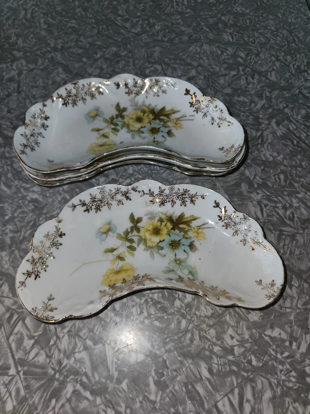 Floral Crescent Bone China Dish - White with Yellow and Green Flowers, Gold Trim